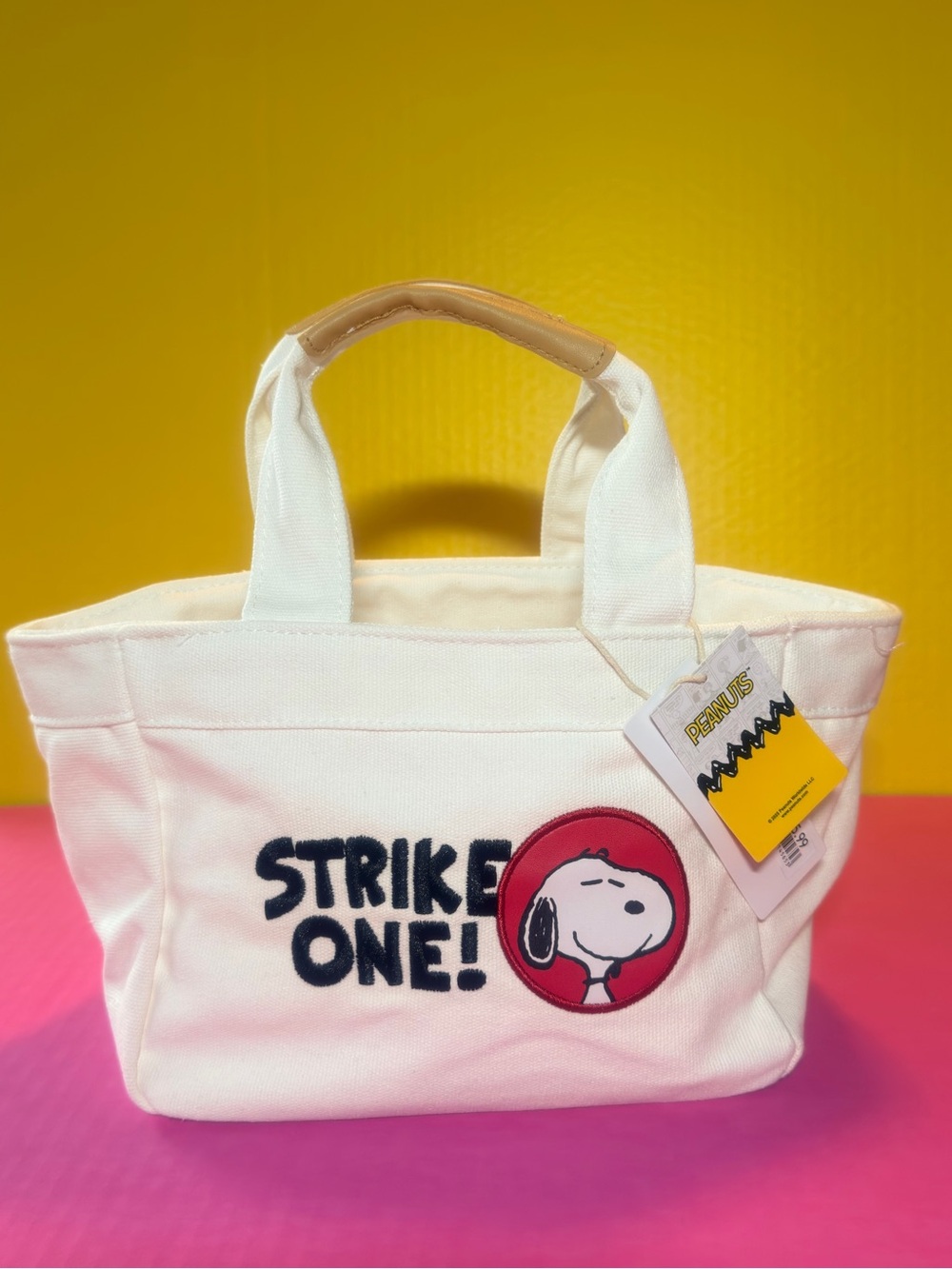 White Peanuts Snoopy 'Strike One!' Canvas Tote - Casual Everyday Bag